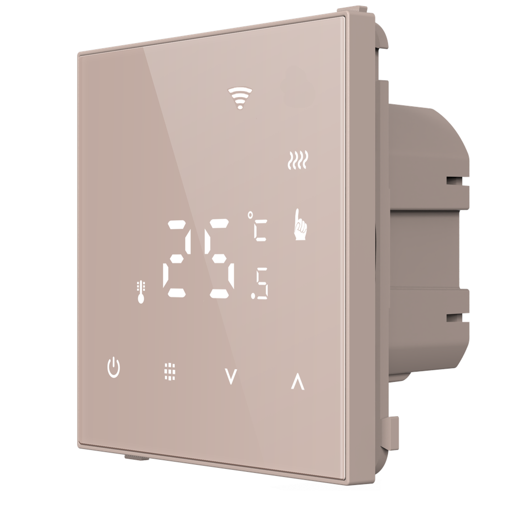 Термостат с датчиком пола программируемый через приложение,  с Wi-Fi,  16A,  размер накладки 70х70мм,  цвет стекло кашемир. Для установки в рамки с внутренним размером 70х70мм. Рамка в комплект поставки не входит.