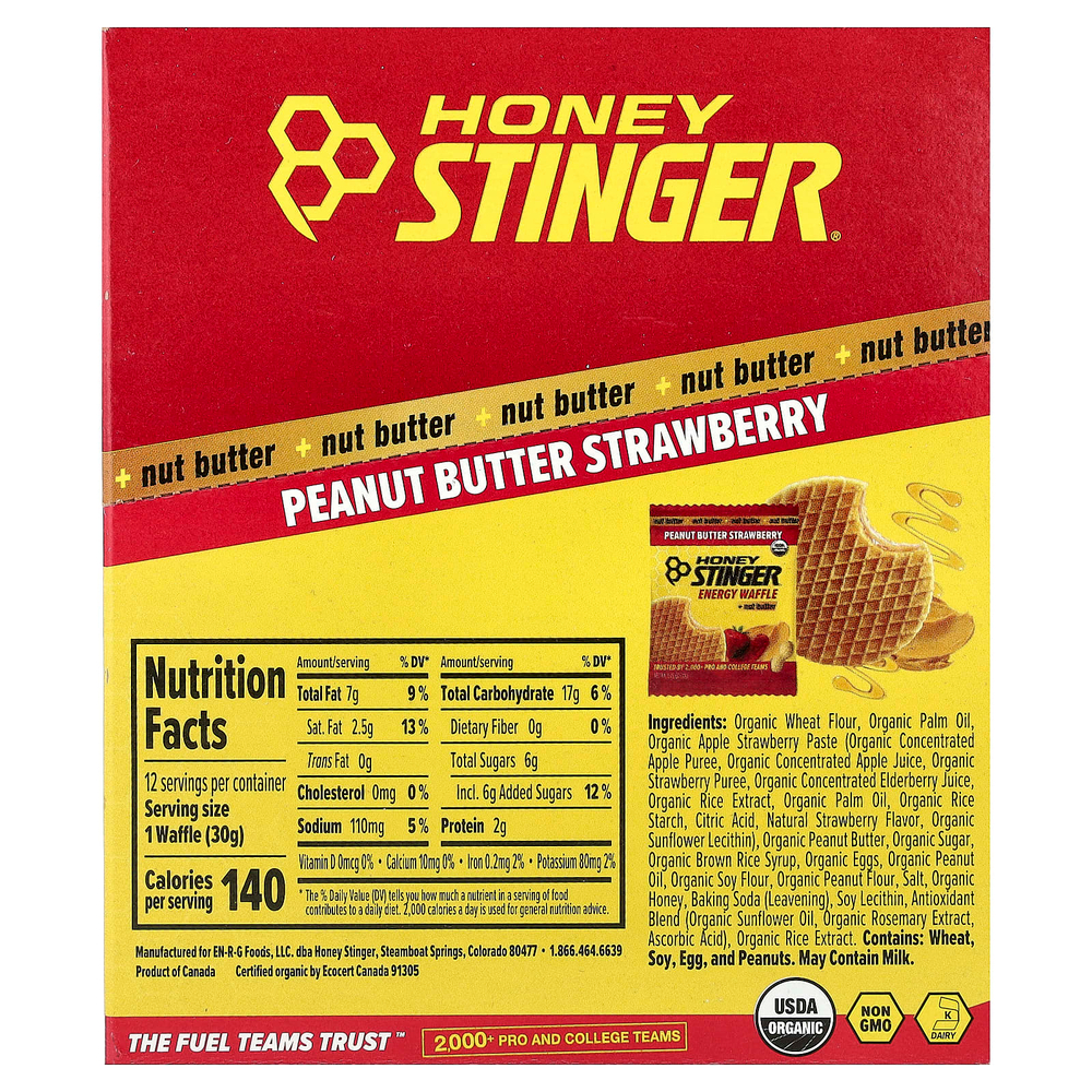 Honey Stinger, Energy, вафли и ореховая паста, арахисовая паста и клубника, 12 вафель по 30 г (1,06 унции)