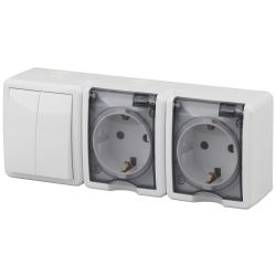 Блок две розетки + выключатель ЭРА Эксперт 11-7404-01 двойной IP54 16A-10AX-250В ОУ белый | Эра Эксперт