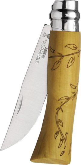 Складной нож Opinel №7 Nature, нержавеющая сталь, рукоять самшит, гравировка листья, 001551 c клинком из стали Sandvik™ 12С27