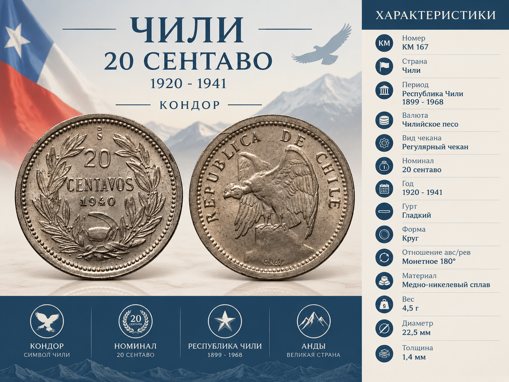 Чили 20 сентаво, 1940 Кондор XF