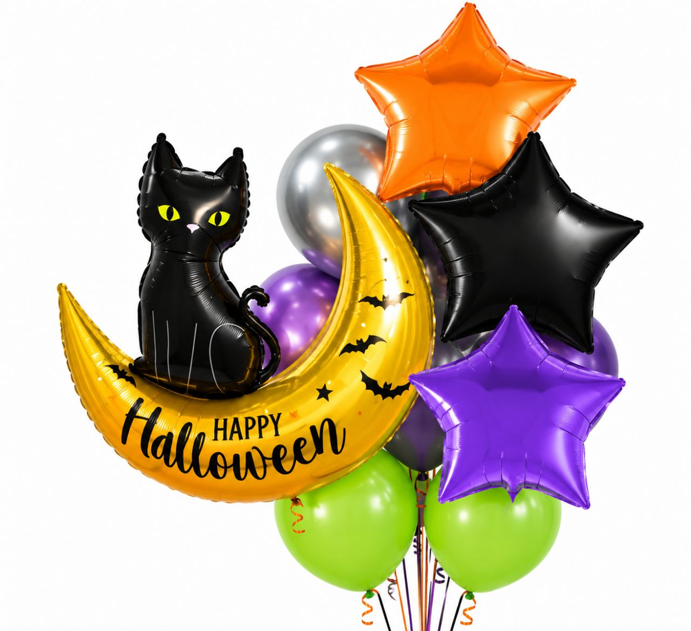 Букет шаров "Черная кошка на луне" Halloween