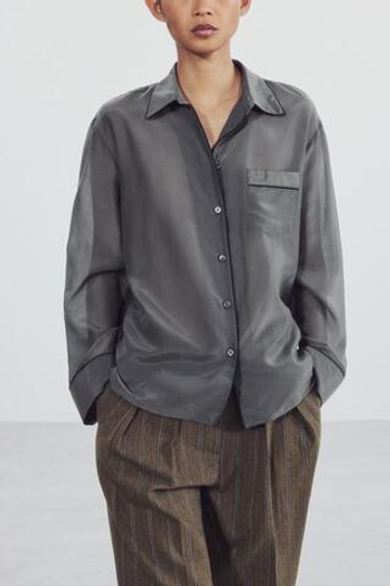 ZARA РУБАШКА С ШЕЛКОМ И КОНТРАСТНОЙ ОТДЕЛКОЙ ZW COLLECTION, АНТРАЦИТОВО-СЕРЫЙ