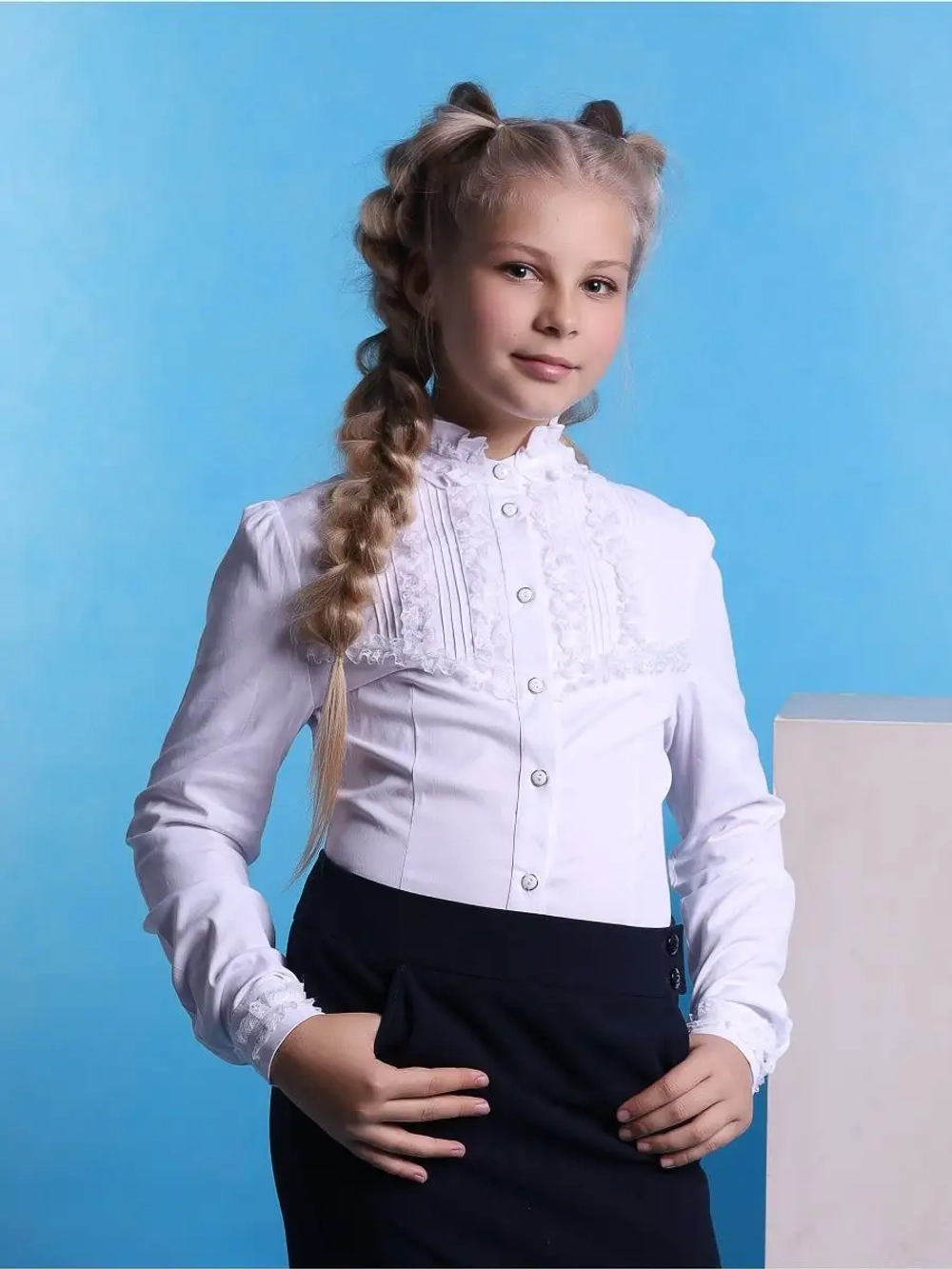 19042, Блузка, д/р, белый/белый, р.128-60 - р.164-84 д/д 