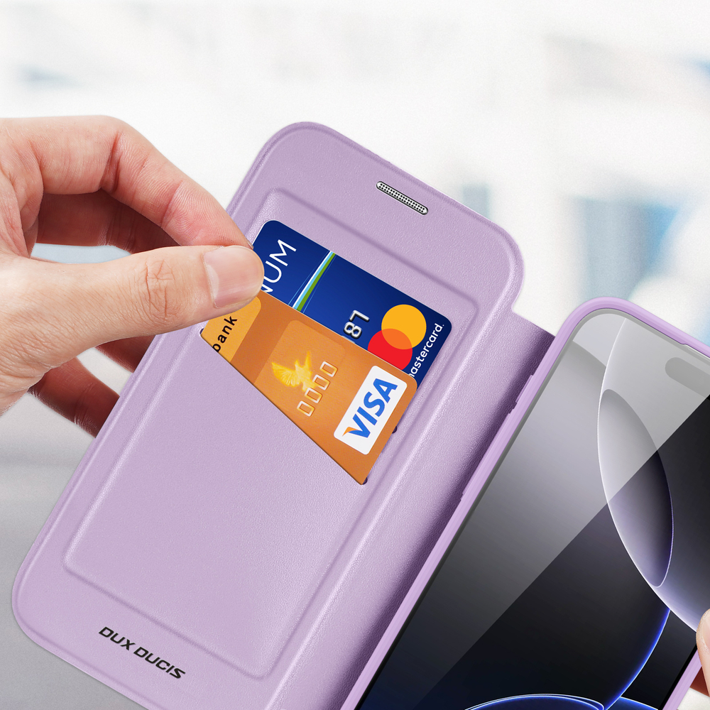 Чехол книжка фиолетового цвета (Purple Pink) с поддержкой MagSafe от Dux Ducis для iPhone 17 Pro, серия Skin X Pro Series Case