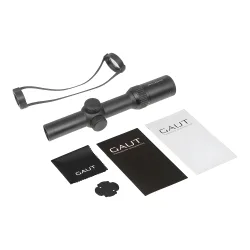 Прицел Gaut Quartz 1-4x24, сетка 65, без подсветки - комплект поставки с крышками, салфеткой и инструкцией