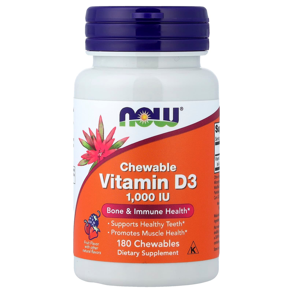 NOW Foods, жевательный витамин D3, фруктовый вкус, 25 мкг (1000 МЕ), 180 жевательных таблеток