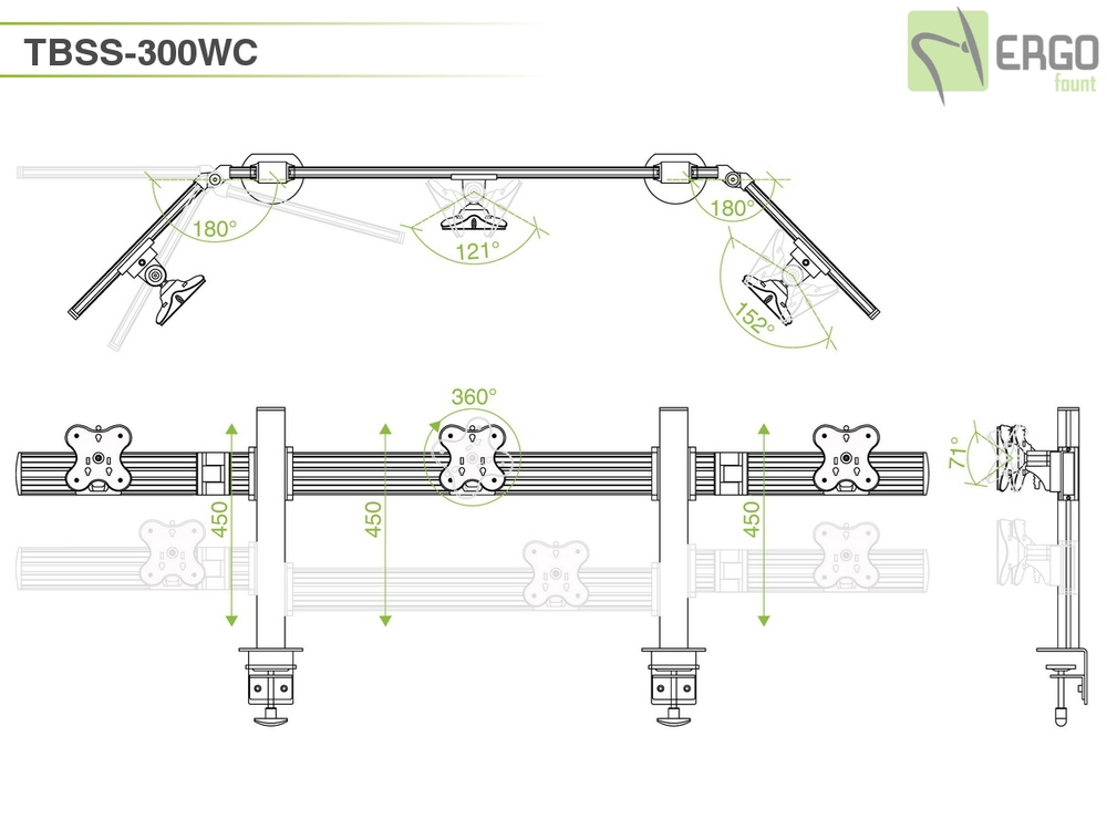ErgoFount TBSS-300WC Настольное крепление для 3 мониторов диагональю до 24'' конфигурации 1х3 с зажимом к столу типа "С". Цвет - серебристый