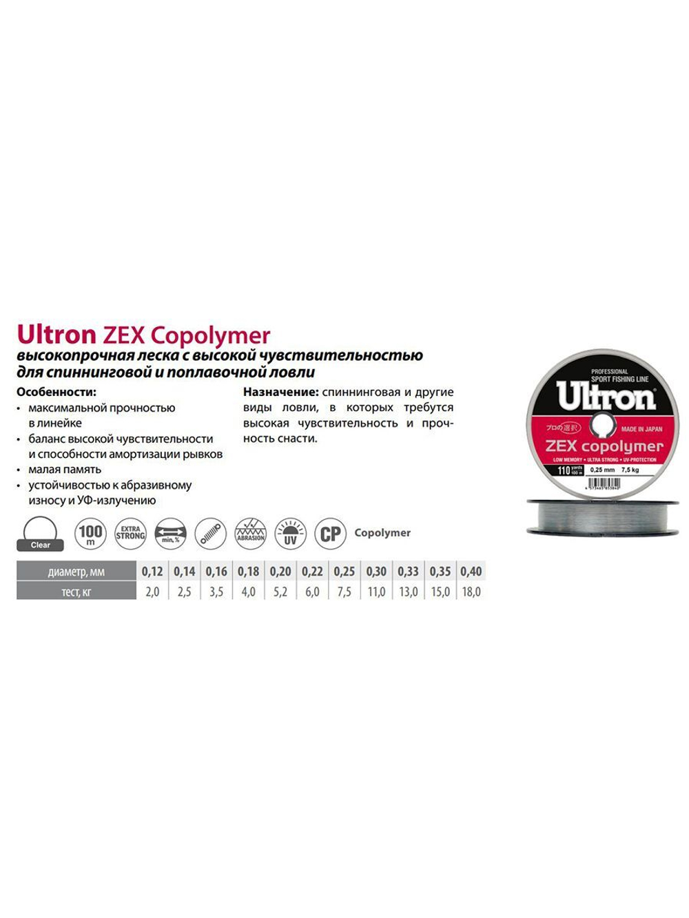 Монофильная леска рыболовная Zex Copolymer 0,22 мм, 6,0 кг