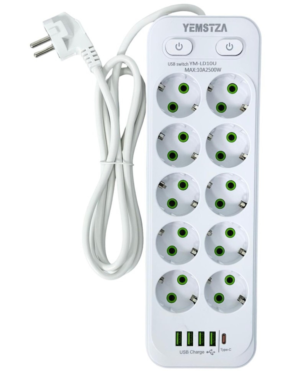 Сетевой фильтр Yemstza 2500W-10A(Max) 10 розеток+4USB+1USB-C 2м. белый