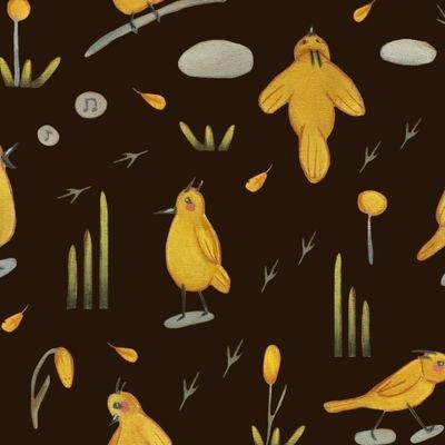 Желтые птички на коричневом фоне