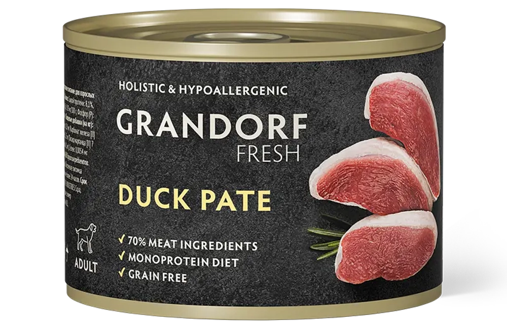 Влажный корм консервы для собак всех пород GRANDORF FRESH Duck pate из утки 0,2 кг 6 шт