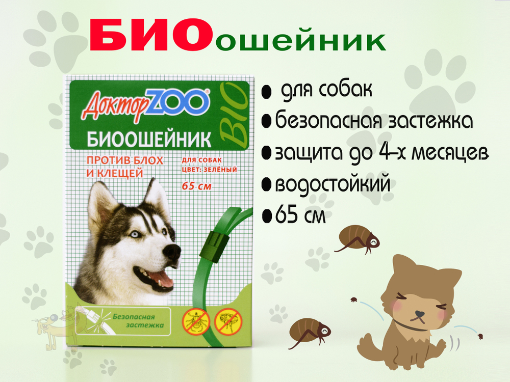 Биоошейник Доктор ZOO для собак, 65 см, цвет зеленый