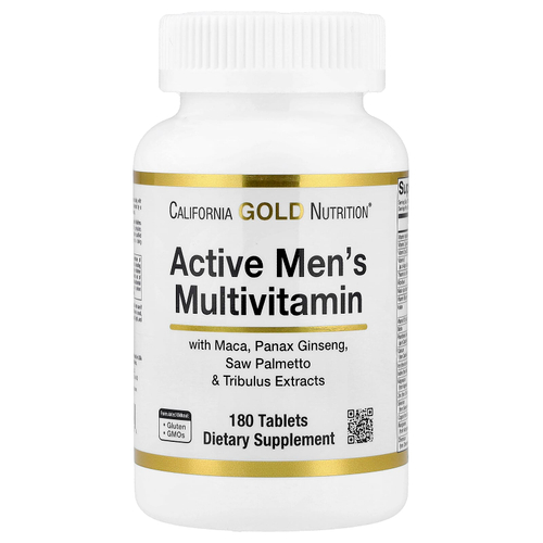 California Gold Nutrition, мультивитамины для активных мужчин, с экстрактом женьшеня обыкновенного, маки, серенои и якорцов, 180 таблеток