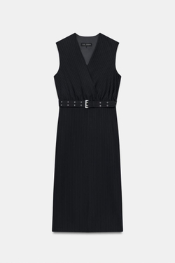ZARA ПЛАТЬЕ В ТОНКУЮ ПОЛОСКУ С РЕМНЕМ, МОРСКОЙ СИНИЙ