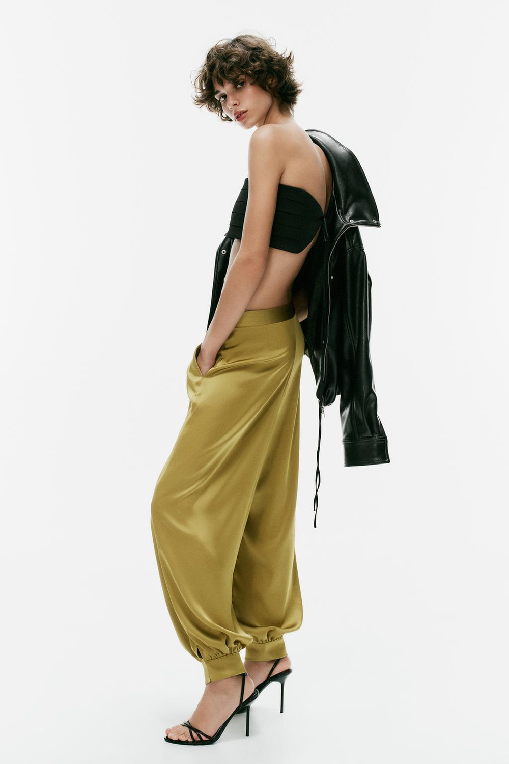 ZARA АТЛАСНЫЕ БРЮКИ-САРУЭЛЬ С АНИМАЛИСТИЧЕСКИМ ПРИНТОМ, ЦВЕТ ОЛИВКОВОГО МАСЛА