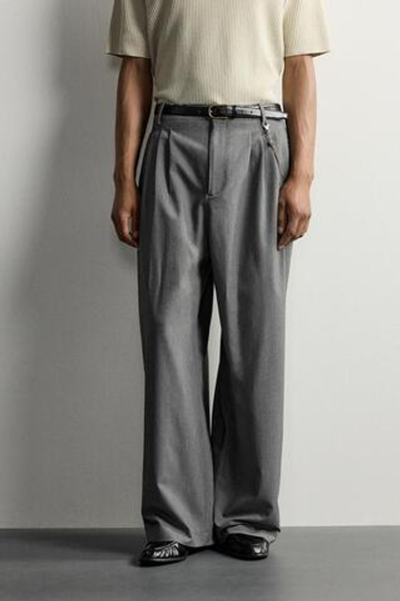 ZARA БРЮКИ WIDE-LEG СО СКЛАДКАМИ, СЕРЫЙ