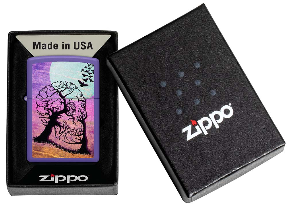 Зажигалка Zippo Skull Tree с покрытием Purple Matte, латунь/сталь, черная 38x13x57 мм