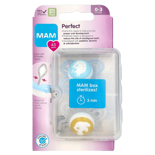 MAM, Perfect Pacifier, 0–3 месяца, для мальчиков, 2 шт.
