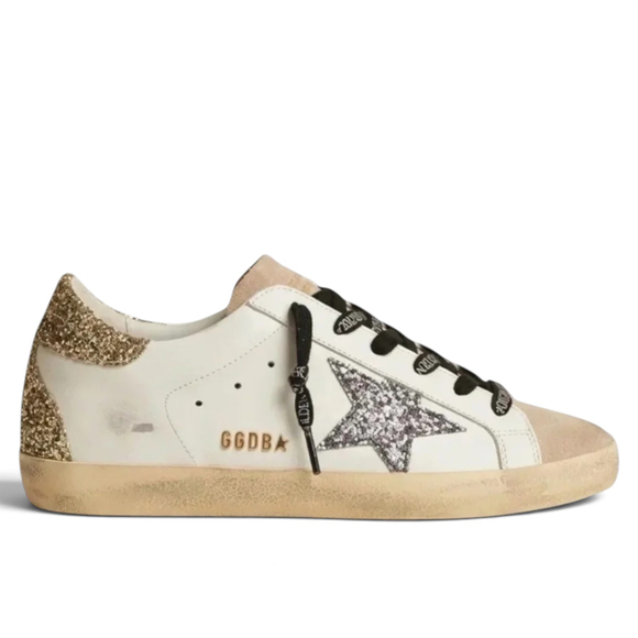 Women’s Super Star with black glitter star and gold glitter heel tab