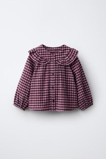 ZARA РУБАШКА С КРУГЛЫМ ВОРОТНИКОМ В КЛЕТКУ, ЦВЕТ ФУКСИИ