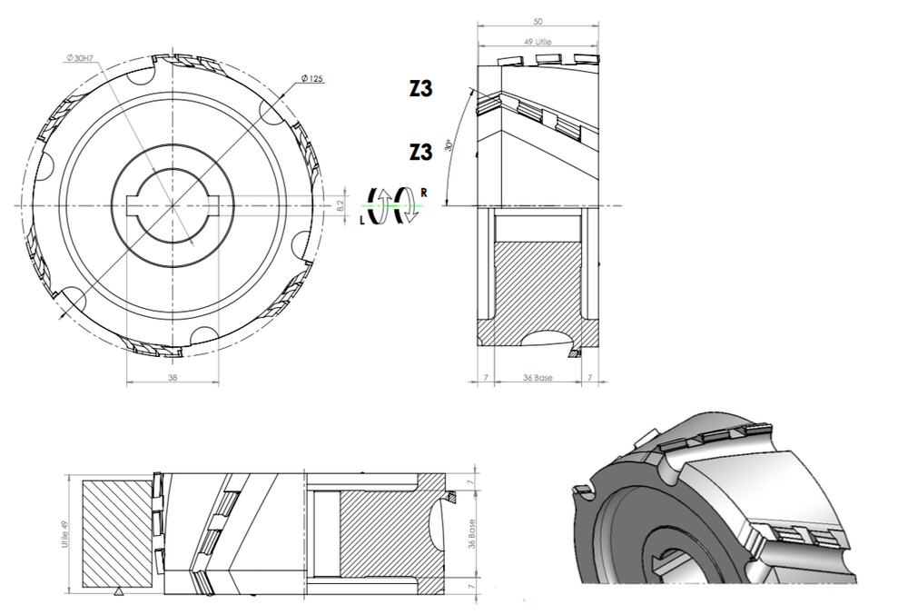 PCD фреза D.125x48x30+DKN Z=3+3 H=3 LH + RH для Filato, KDT, Homag, Biesse