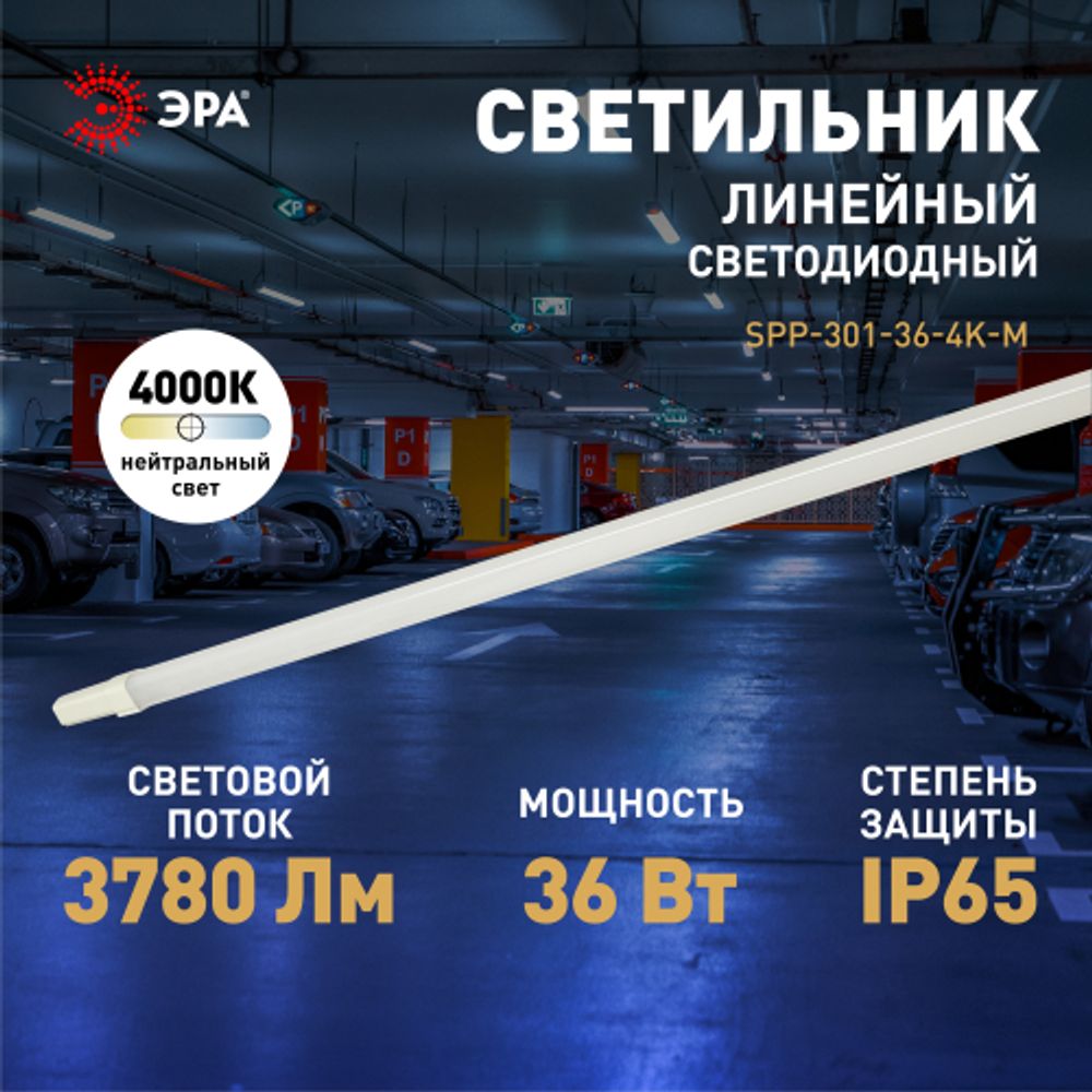 Линейный светодиодный светильник ЭРА SPP-301-36-4K-M 36Вт 4000К IP65 1200 матовый | Линейные светодиодные светильники IP65