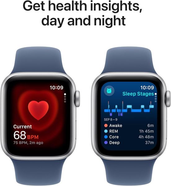 Умные часы Apple Watch SE 2024 44 мм из алюминия серебристого цвета, спортивный ремешок цвета «синий деним» (S/M)