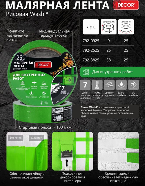 Лента малярная   38мм * 25м, Для Внутренних. работ, зелёная DЕCOR /792-3825