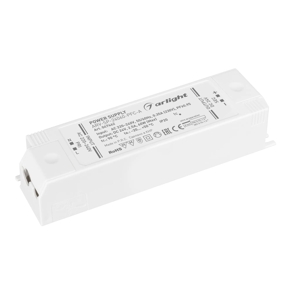 Блок питания ARV-SP-24060-PFC-A (24V, 2.5A, 60W) (Arlight, IP20 Пластик, 5 лет) 047442