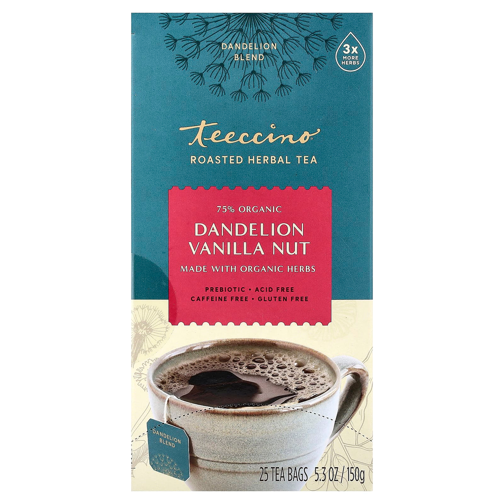 Teeccino, Жареный травяной чай, одуванчик, ваниль, орехи, без кофеина, 25 чайных пакетиков, 150 г (5,3 унции)