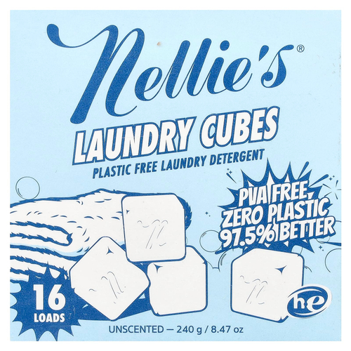 Nellie's, кубики для стирки, средство для стирки без пластика, без запаха, 16 загрузок, 240 г (8,47 унции)