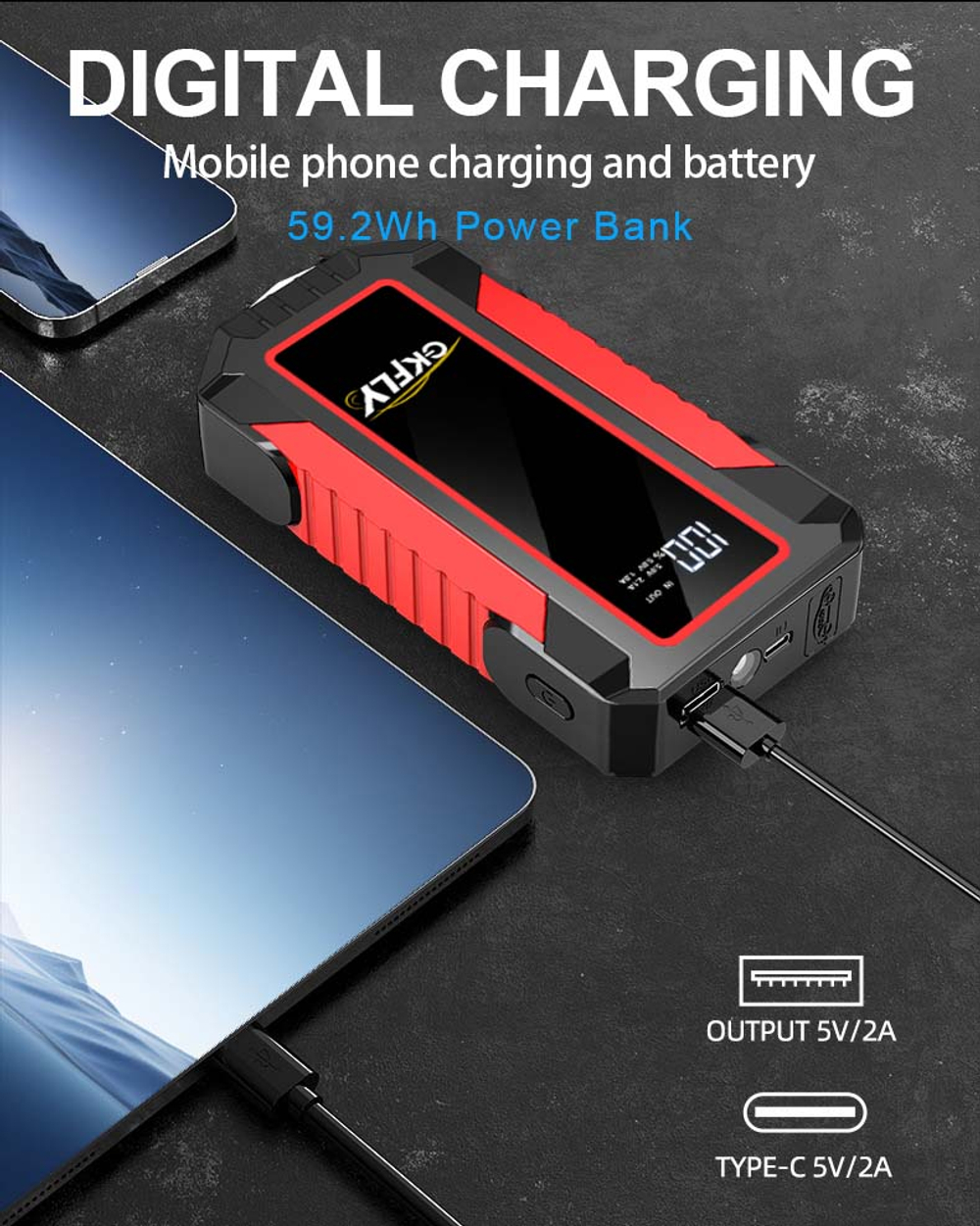 Устройство пусковое портативное бустер 16000mAh 4000A T45 GKFLY