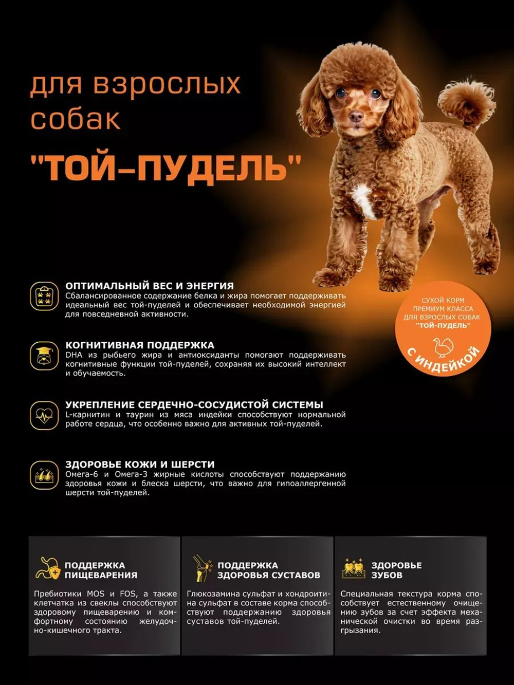 Корм сухой для взрослых собак породы Той-пудель, с индейкой, 2,5 кг, QUATTRO