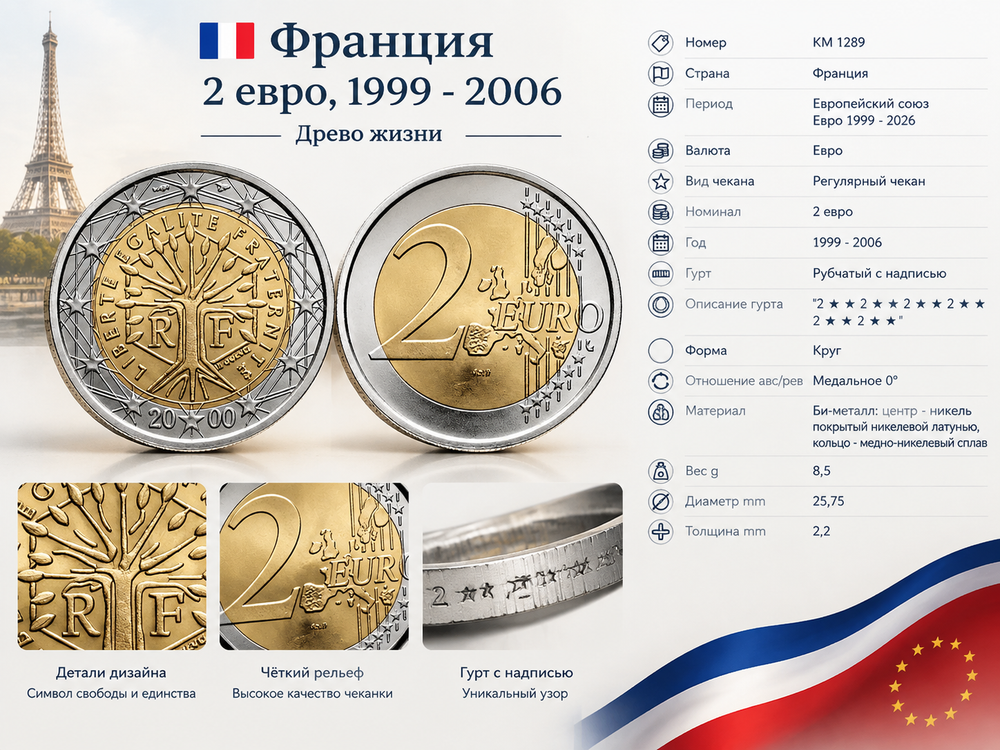 Франция 2 евро, 2000 Древо жизни XF