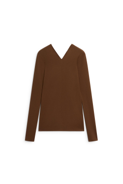 Massimo Dutti Эластичный топ с длинными рукавами и V-образным вырезом - Limited Edition, табачный