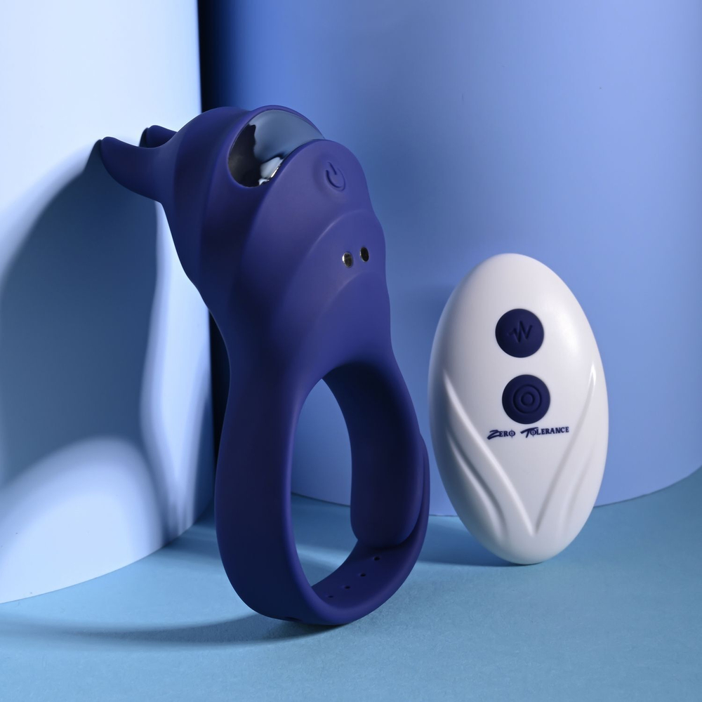 Синее эрекционное виброкольцо с клиторальной подушечкой и пультом ДУ Adjustable Fun Ring