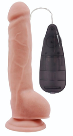 Телесный вибратор с мошонкой на присоске Extra Fun Vibrating Dildo - 23,5 см. (Цвет: телесный)