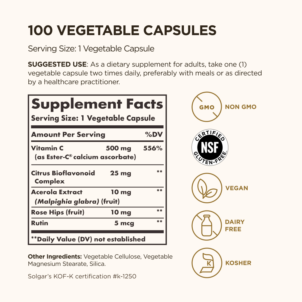 Solgar, Ester-C Plus, витамин C, 500 мг, 100 вегетарианских капсул