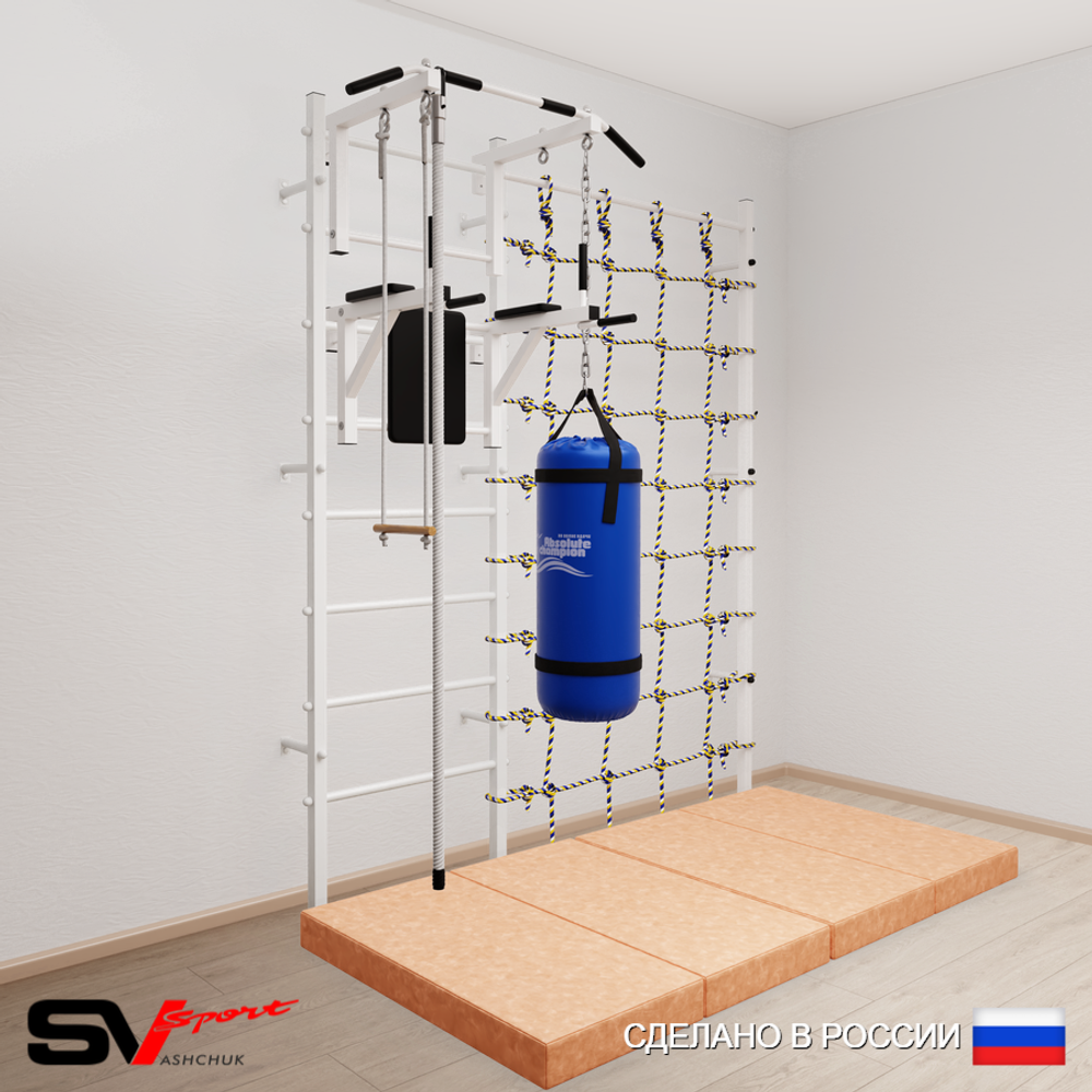 Шведская стенка Sv Sport усиленная 67650 (Турник стандарт/Брусья/Канат/Трапеция/Цепь/Мешок 15кг/Мат 2м/Канатный лаз)