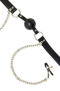 Черный кляп-шар 4,5см с зажимами для сосков Lola Games Ball Gag with Nipple Clamps Party Hard Gratitude 1149-01lola