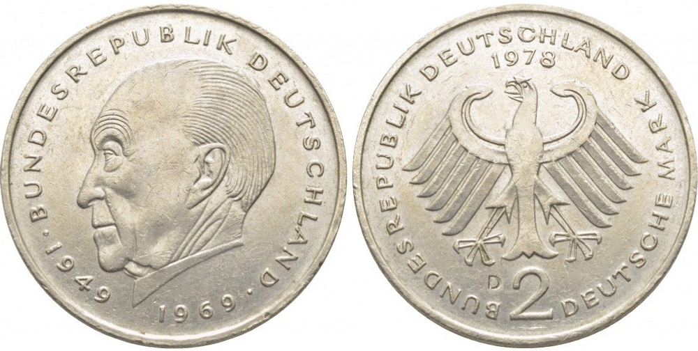 Германия 2 марки, 1978 D Конрад Аденауэр XF