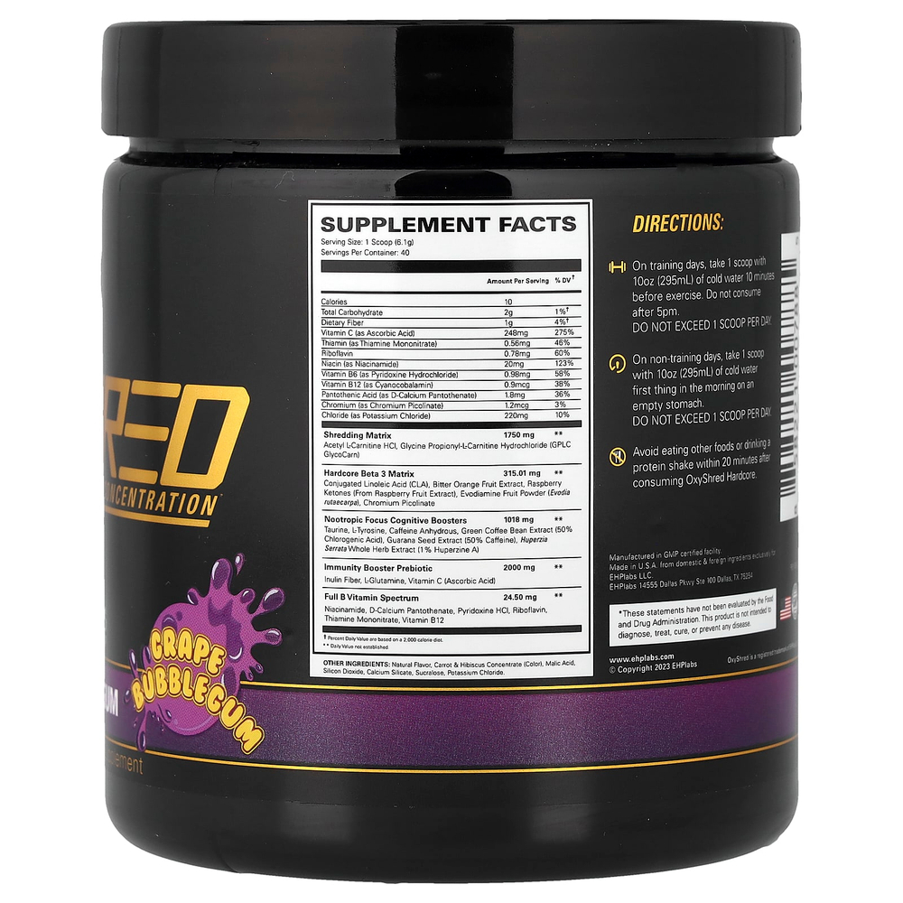 EHPlabs, OxyShred Hardcore, термогенный сжигатель жира, со вкусом виноградной жевательной резинки, 244 г (8,6 унции)