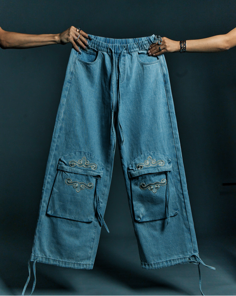 Light Stone Blue Embroidered Jeans