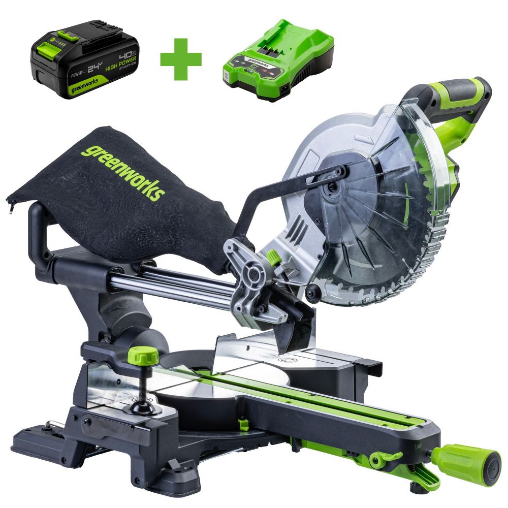 Торцовочная пила акк. Greenworks GD24MS216, 24V, б/щ, 4800 об/мин, 216x30мм,рез 65х310мм,с 1хАКБ 4Ач и быстрым ЗУ (1501707UB)