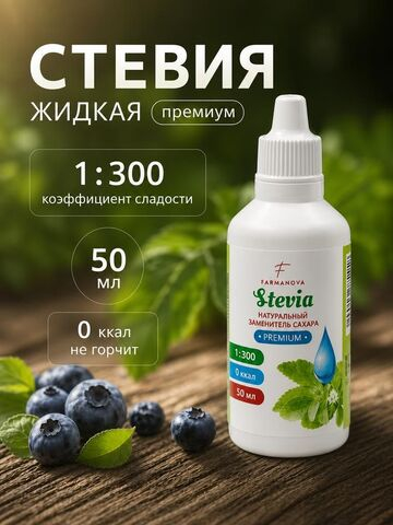 50 мл. Сладкая стевия премиум, заменитель сахара, жидкий подсластитель, сахарозаменитель натуральный на основе стевии, коэффициент сладости 1:300
