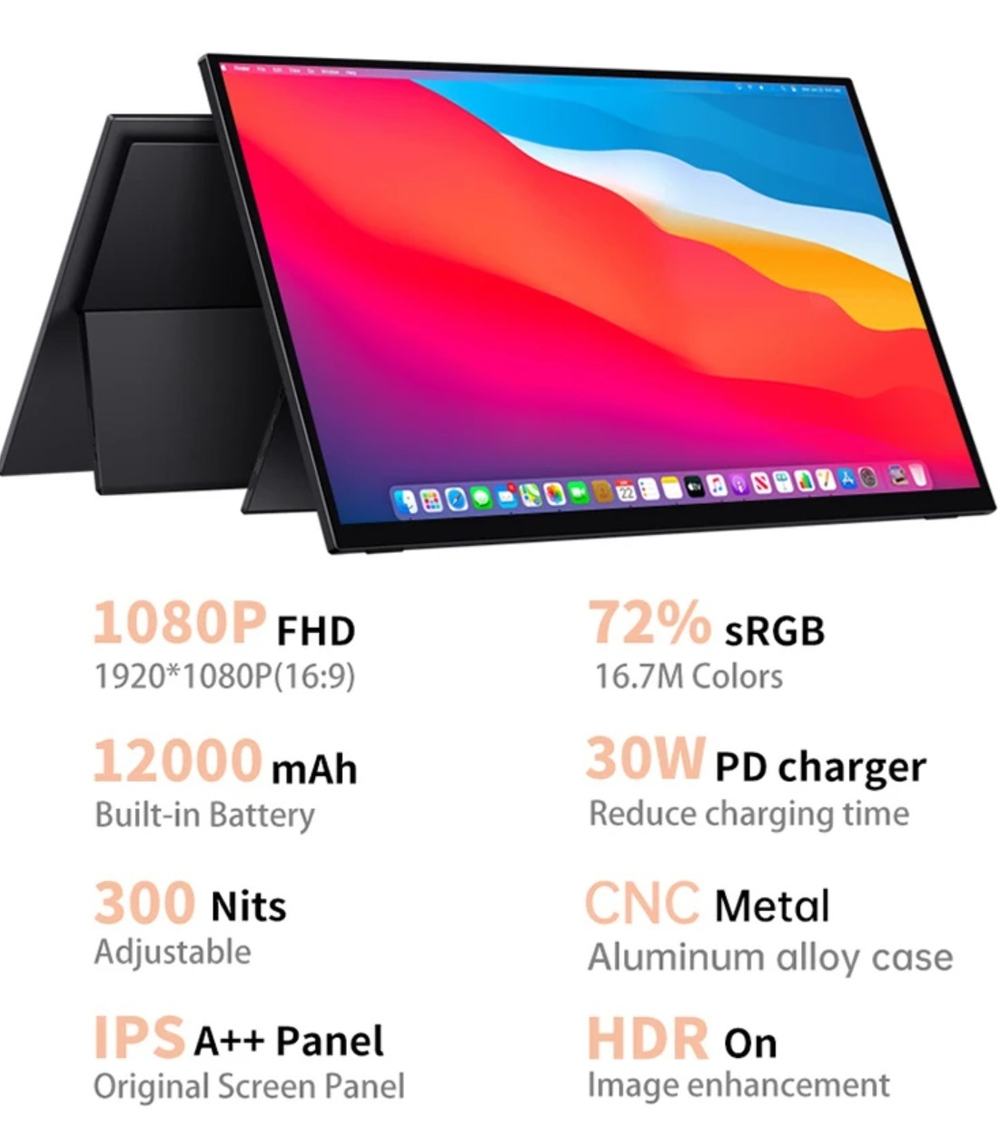 15.6" Портативный сенсорный монитор VCHANCE FHD IPS 1920x1080, 60 Гц