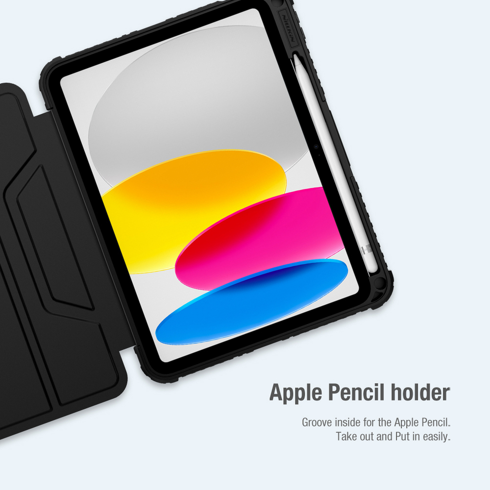Чехол книжка черного цвета от Nillkin для iPad 10.9 с 2022- года и iPad 11 (A16) с 2025-, серия Bumper Pro, с защитной шторкой для камеры