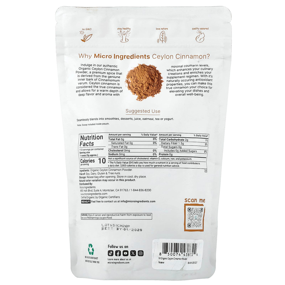 Micro Ingredients, органическая цейлонская корица в порошке, 227 г (8 унций)