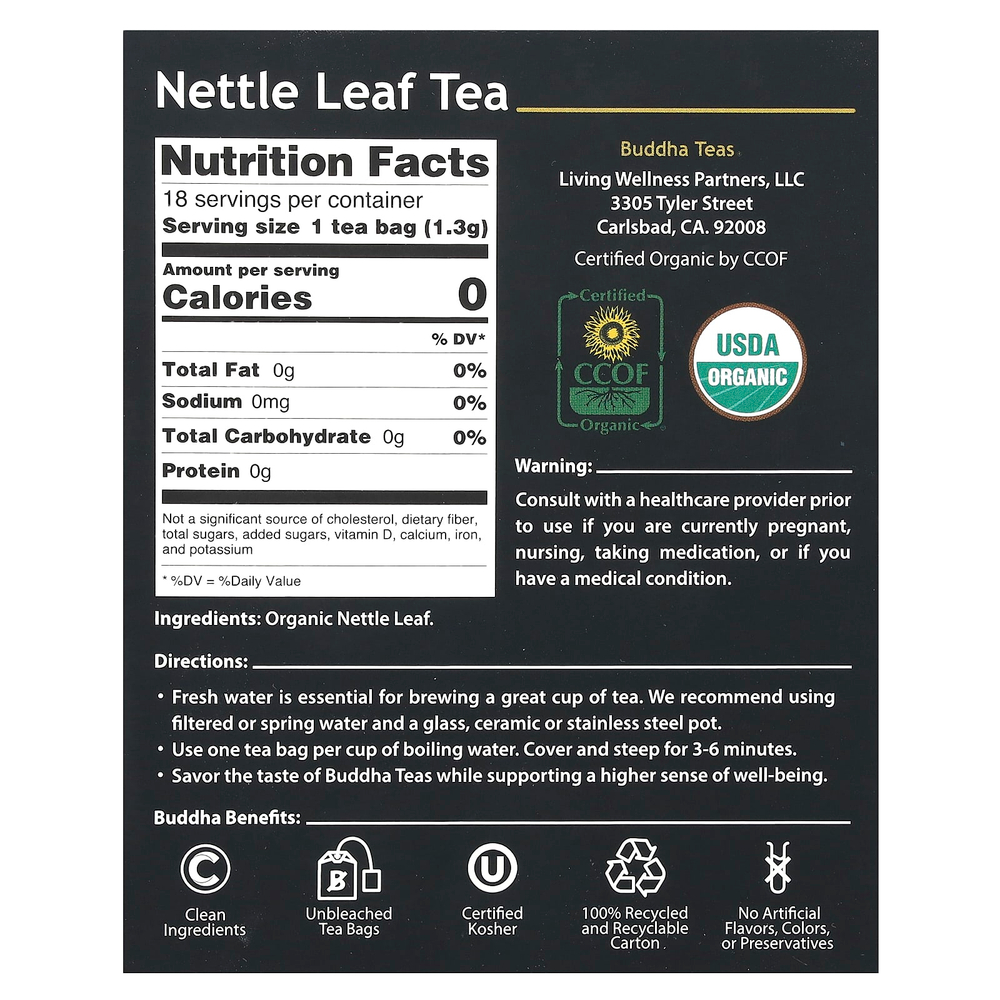 Buddha Teas, Organic Herbal Tea, листья крапивы, без кофеина, 18 чайных пакетиков, 24 г (0,83 унции)